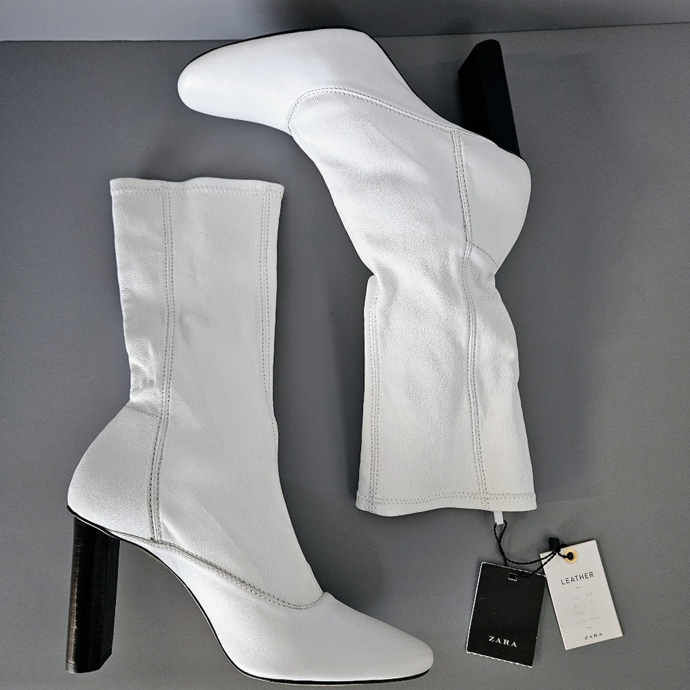 Zara White Leather Ankle Boots US 7.5 Stretch Sock Style Calf High Heel Booties